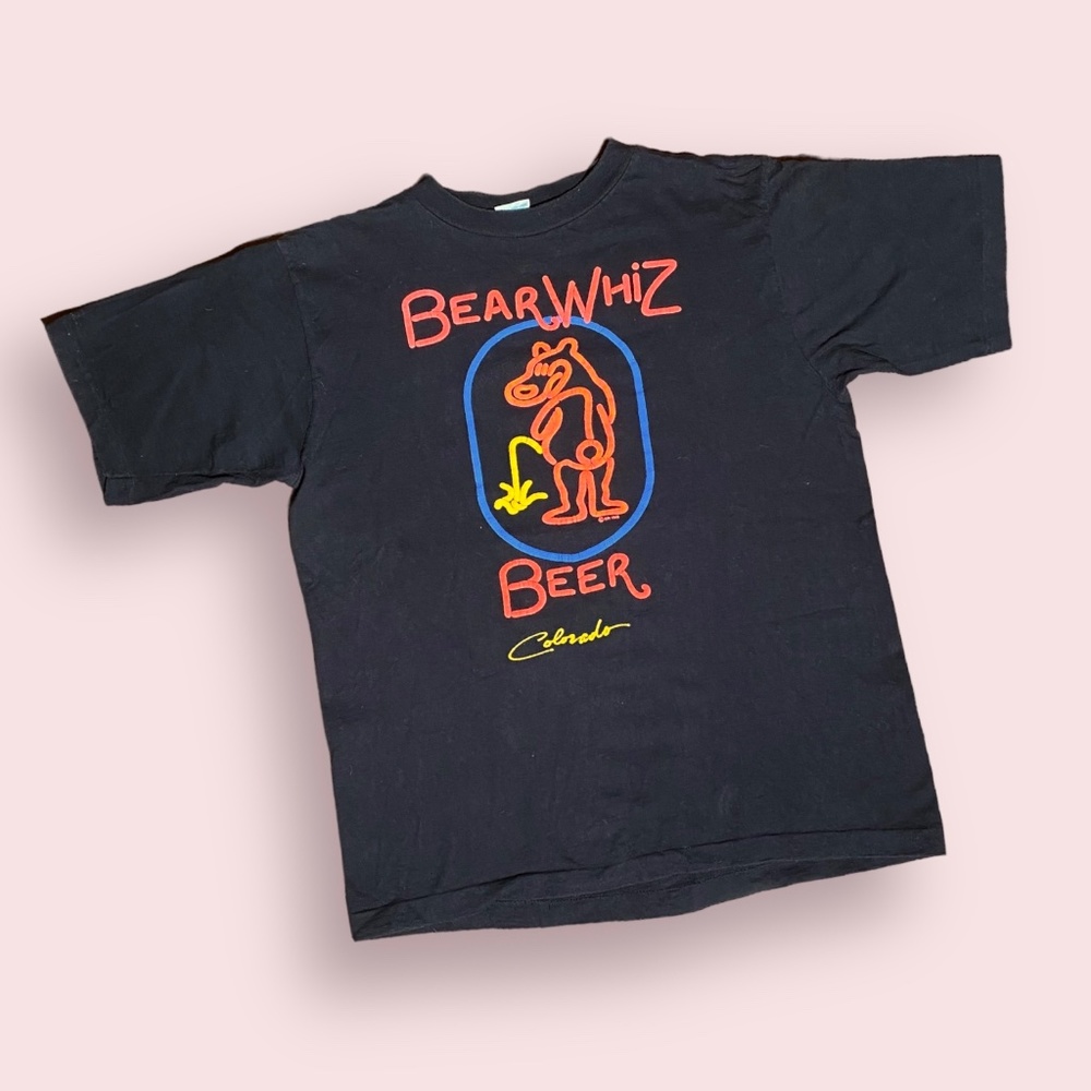 Vintage 1988 Bear Whiz Beer Colorado Single Stitch Puffy Print Black T-Shirt